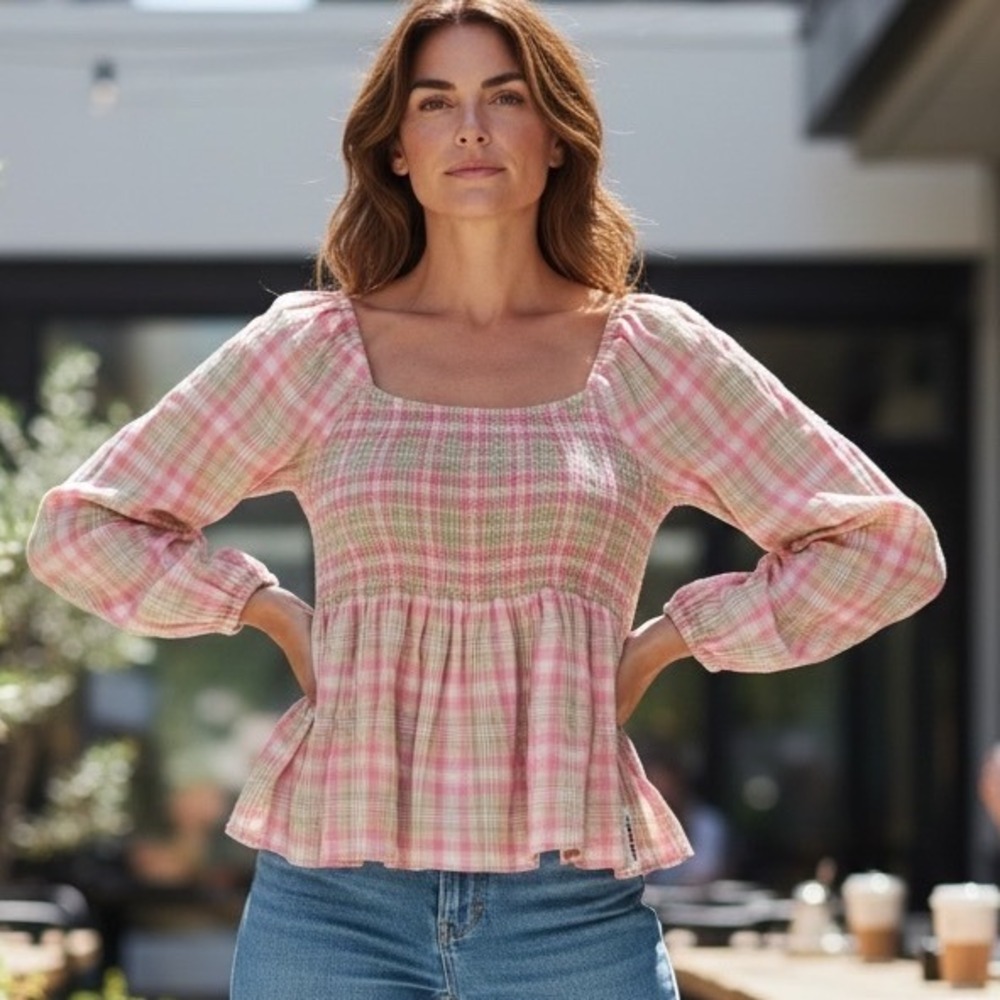 Tommy Jeans 1985 Pink Plaid Smocked Peplum Top Cottagecore Prairie Preppy Retro